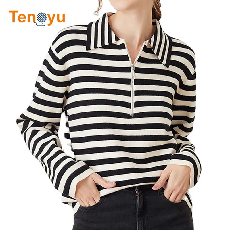 OEM/ODM New Striped Polo Pullover Knit Women's Sweater