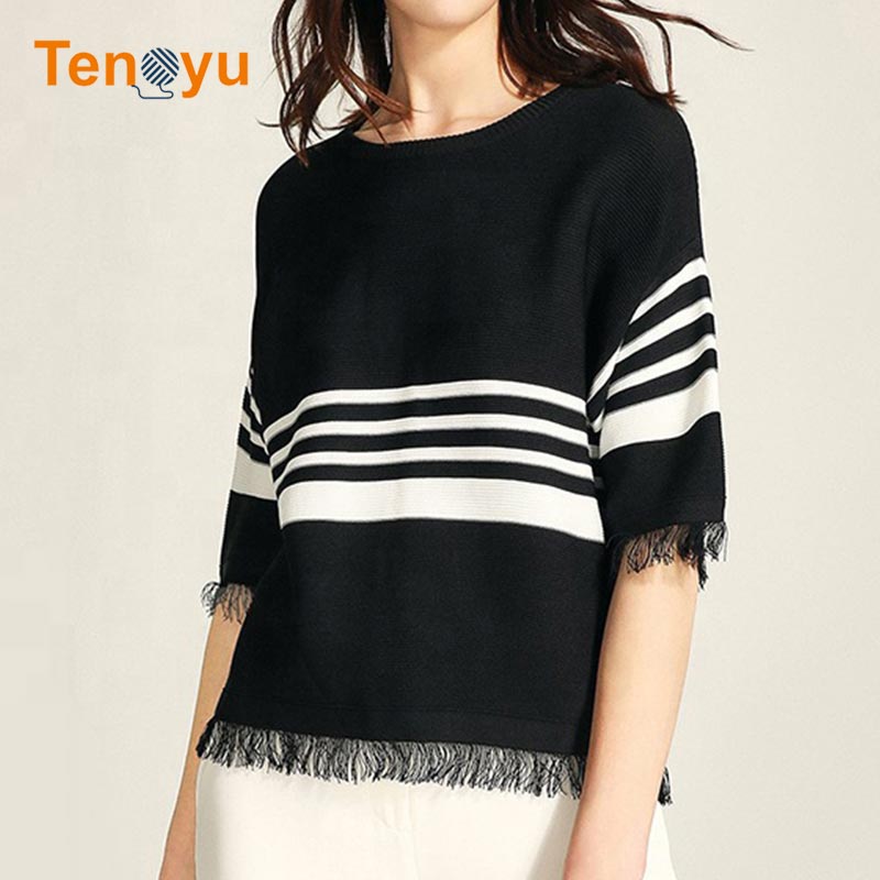 OEM/ODM Women Short Sleeve Fashion Striped Sweater