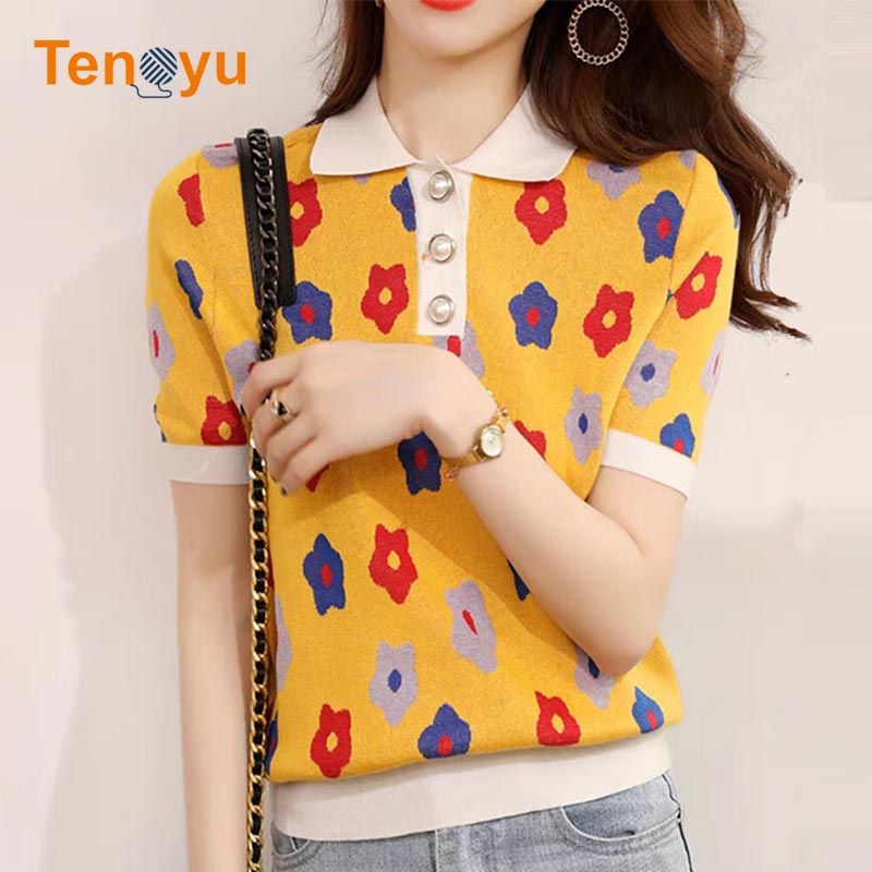 OEM/ODM Fashion Knit Short Sleeve Top Jacquard Sweater