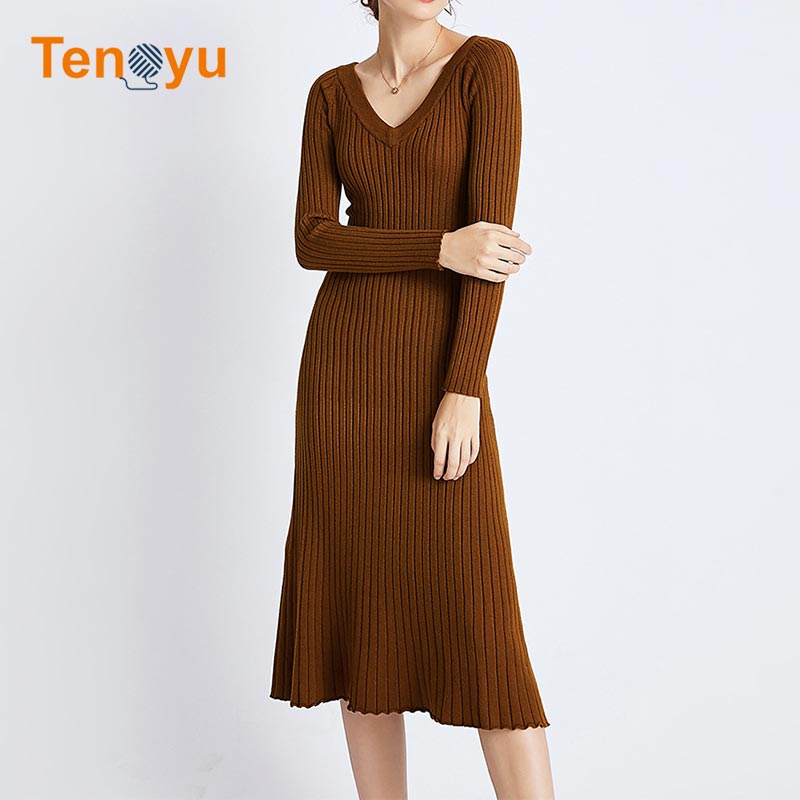 OEM/ODM Tight Fit Full Sleeve V Neck Knitwear Dress