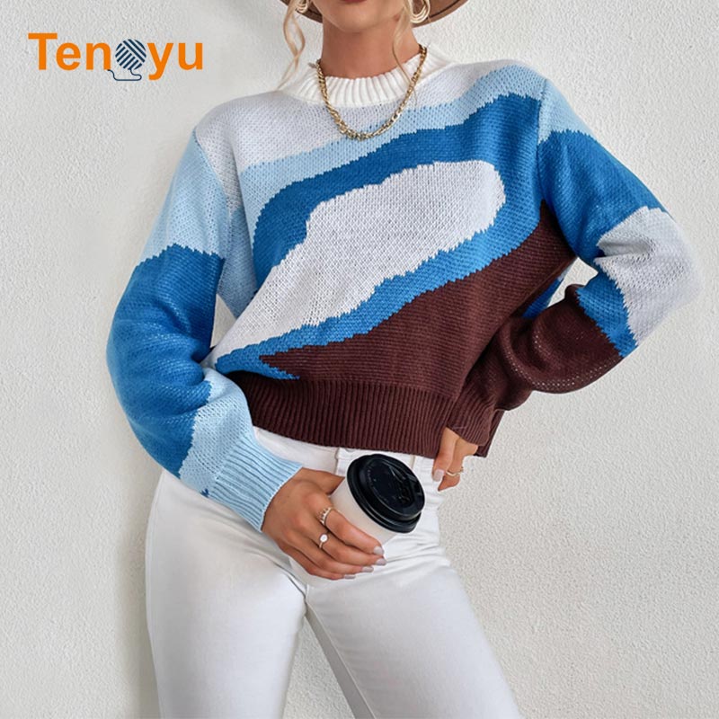 OEM/ODM Women's Crew Neck Cotton Jacquard Sweater