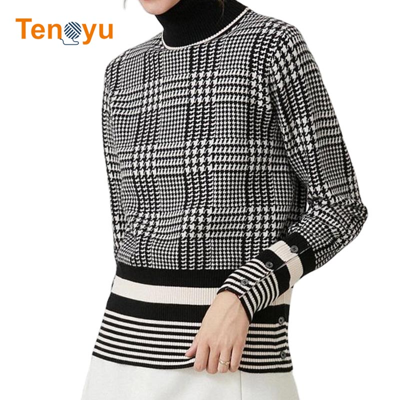 OEM/ODM Turtleneck Check Knit Women's Pullover Sweater