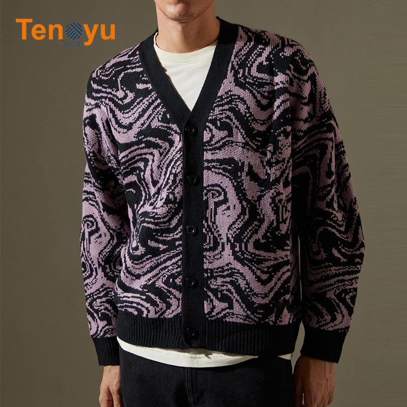 OEM/ODM Button Marble Abstract Jacquard Men Sweater