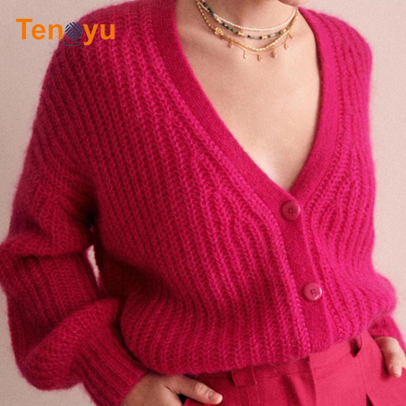 OEM/ODM Custom V-Neck Long Sleeve Mohair Knit Cardigan