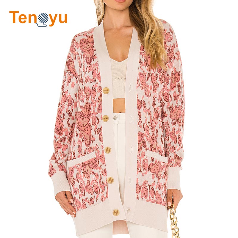 OEM/ODM Women's Button Knit Jacquard Cardigan