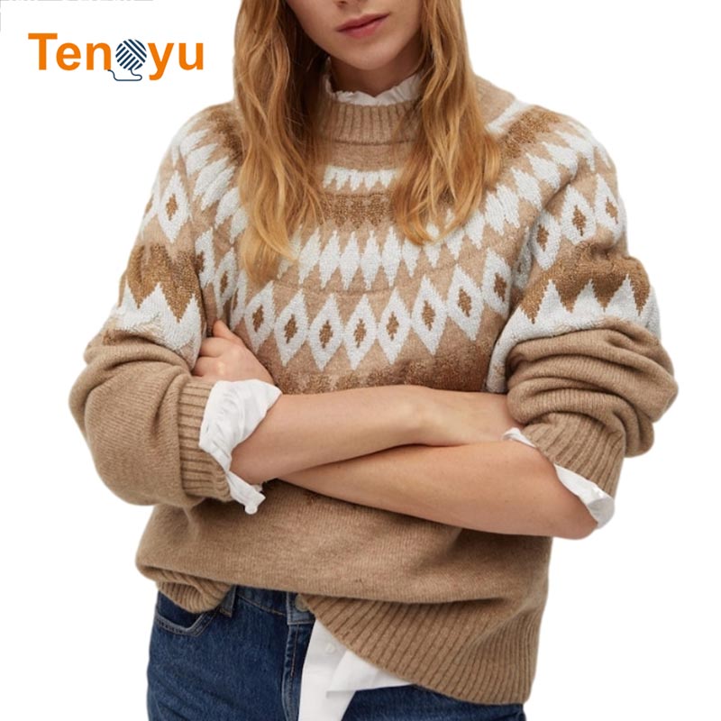 OEM/ODM Women's Crew Neck Geometric Knit Sweater