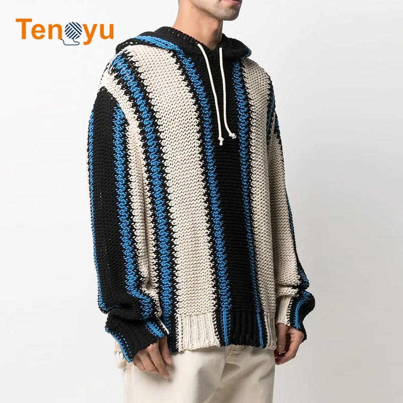 OEM/ODM Striped Long Sleeve Knit Men Hooded Sweater