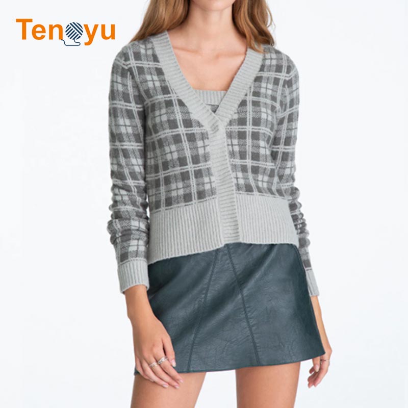 OEM/ODM Nylon Long Sleeve V-Neck Jacquard Knit Cardigan